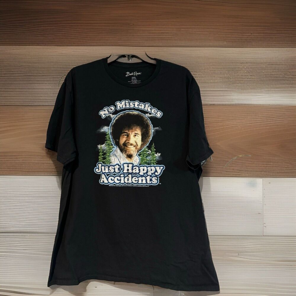Bob Ross Shirt Mens 2XL Black Graphic Tee No Mistakes Just Happy Accidents